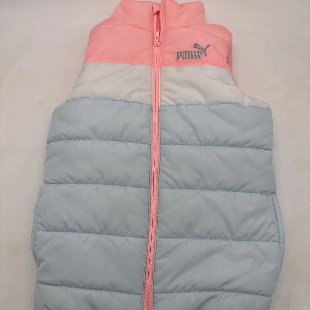 Bright Pink Puma Puffer Vest Girls Size 7/8 Silver Logo Zip Up